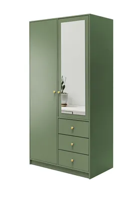 A green wardrobe with a mirror and gold handles, displayed against a white background.
