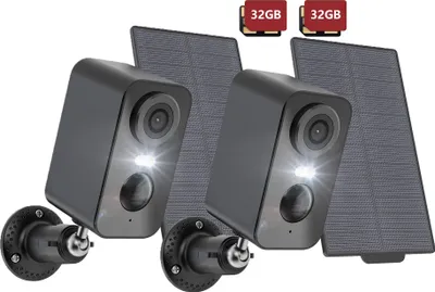 Produktbild von 2K Überwachungskamera Aussen Wlan Akku mit Solarpanel, Outdoor Kamera Farbnachtsicht mit PIR, Zwei-Wege-Audio, Fernüberwachung, Alarm, 2PCS, 32GBx2