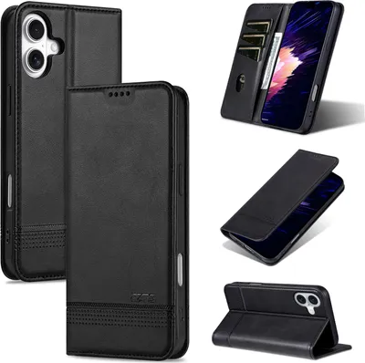 Immagine prodotto di Custodia in pelle per iPhone 16 Plus, custodia pieghevole a portafoglio con chiusura magnetica e supporto nero
