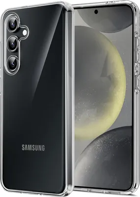 A clear protective case for a Samsung smartphone is shown, with the phone inside.