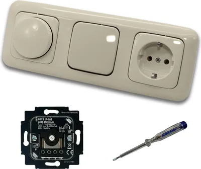 Produktbild von Busch Jäger 6523U-102 LED Drehdimmer Dimmer + Dimmerscheibe 2115-212 + Taster 2020US + Steckdose 20EUC-212 DURO2000 cremeweiß glänzend + EBROM Phasenprüfer zur Montage der Geräte 6523 U – 102