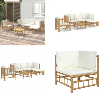 Produktbild von vidaXL 6 tlg. Garten Lounge Set mit Cremeweißen Kissen Bambus - Garten Lounge Set - Garten Lounge Sets - Lounge Set - Gartenmöbel Set
