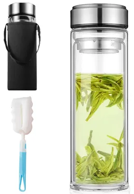 Glasflasche 1 L doppelwandig mit Teesieb und Bürste