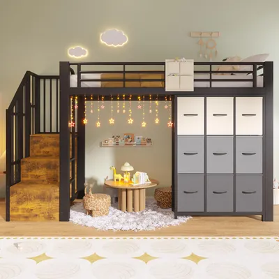 Produktbild von Flieks Etagenbett 90x200cm mit Schubladen, Hochbett Metallbett mit Kleiderstange und Ablagen, Kinderbett Einzelbett mit Rausfallschutz, Schwarz
