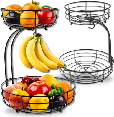 Produktbild von Zweistöckiger Metallkorb für Obst und Gemüse mit Bananenaufhänger, schwarz