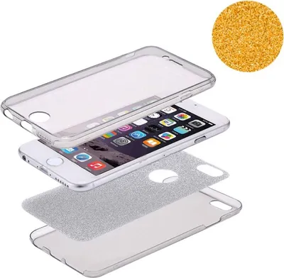 An exploded view of a phone case and phone, with a sample of glitter material.
