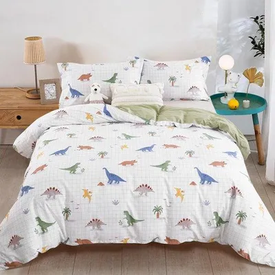 Zdjęcie produktu dla Pościel dziecięca 135 x 200 cm z motywem zwierzątek z kreskówek, 100% bawełna, dla chłopców i dziewczynek, 2-częściowy zestaw pościeli dla niemowląt z zamkiem błyskawicznym i poszewką na poduszkę 80 x 80 cm, biało-zielony