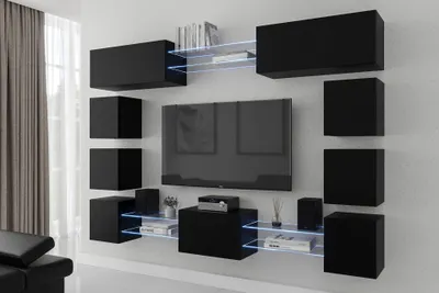 Immagine prodotto di Furnitech Parete attrezzata soggiorno - Mobili da soggiorno con LED RGB - 16 colori - Parete attrezzata moderna - Scaffali e mobile TV (Future C80N-21B-M2)