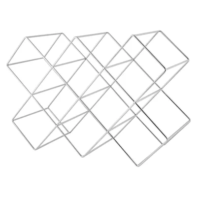 A silver wire wine rack on a white background.