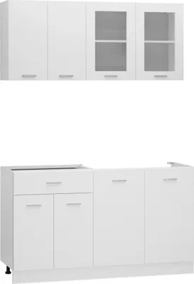 A white kitchen cabinet set, including upper cabinets with glass doors and lower cabinets with drawers and doors, displayed against a white background.