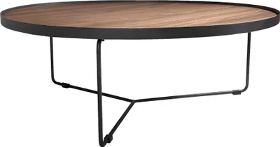 A round coffee table with a wooden top and black metal legs on a white background.