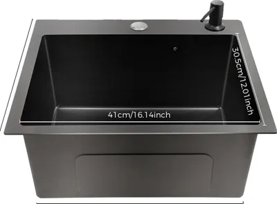 Produktbild von Küchenspüle, rechteckiges Design, integrierter Seifenspender, schwarz
