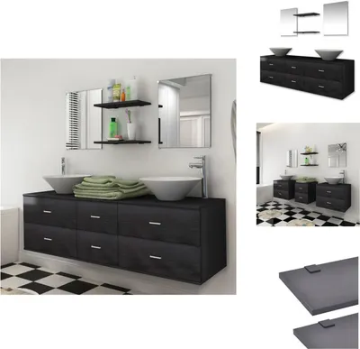 Produktbild von vidaXL 7-tlg. Badmöbel und Waschbecken Set Schwarz -  Badezimmermöbel-Sets