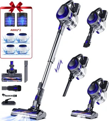 A collage of a cordless vacuum cleaner and its accessories, presented on a white background.