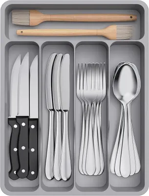 Produktbild von PolkaHome® Besteckkasten-Organizer für Schubladen, 5 Fächer, Kunststoff, Grau, 23x32x4 cm