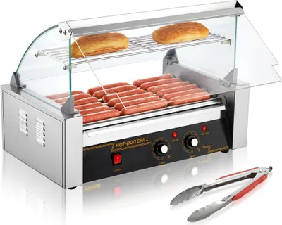 Produktbild von Hot Dog Maker - Edelstahl Hot Dog Grill mit 7 Rollen - 1,4 kW - Perfekt für feste Feiern und Imbisswagen - Grillzubehör