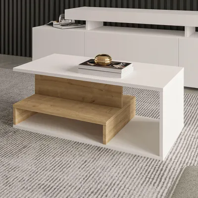 Obrázok produktu pre Skye Decor, kvalitný konferenčný stolík, 90 x 35 x 44,8 cm, biela a dubová farba Saphir | 100 % melamínom potiahnutá drevotriesková doska, hrúbka 18 mm | Ideálny do moderného interiéru, elegantný a funkčný.