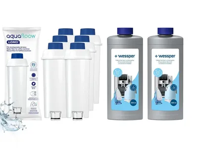 Produktbild von 6× Wasserfilter kompatibel mit DeLonghi DLS C002 + 2× Wessper Entkalker 500 ml