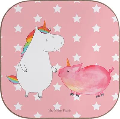 Produktbild von Mr. & Mrs. Panda Tischuntersetzer Einhorn Schwein - Rot Pastell - Geschenk, Coaster, Freundin, Tassen Untersetzer, Schweinhorn, für Gläser, Tischschoner, Einhörner