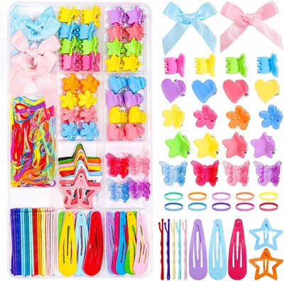 Immagine prodotto di Set di accessori per capelli da 200 pezzi, con 10 diversi stili, mini mollette e elastici per capelli, ideali per bambine