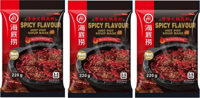 Produktbild von 3er-Pack Angebot HAIDILAO Spicy HOT-POT Suppen-Basis (3x 220g)| scharfe Bouillon für Feuertopf