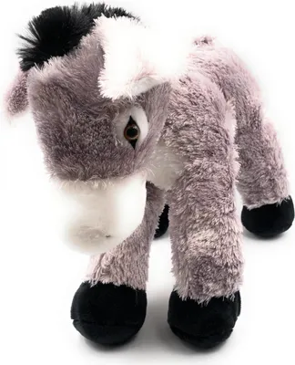 A plush toy donkey is shown standing against a white background.