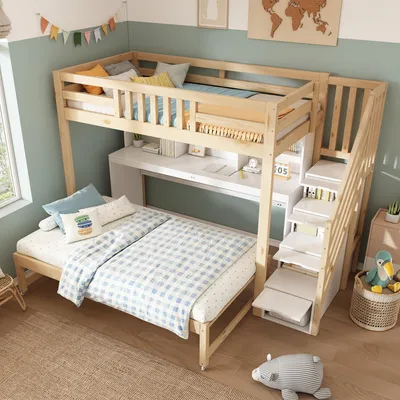 Imagen del producto de Cama nido STILVORA de 90x200 + 90x190 cm con cama extraíble, cama infantil con escritorio abatible y armario escalera, cama alta con estantería (sin colchón)