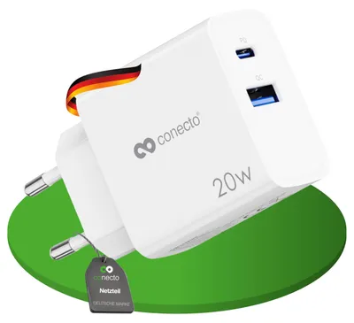 Produktbild von conecto USB-C Ladegerät Netzteil Schnellladegerät Lader 20W PD QC weiß