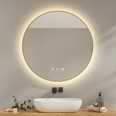 Produktbild von EMKE Lustro łazienkowe okrągłe LED z oświetleniem ф80cm Szczotkowana złota rama Okrągłe lustro łazienkowe z funkcją przeciwmgielną, zegarem, temperaturą, ściemnianiem, funkcją pamięci - Neutralne światło 4300K