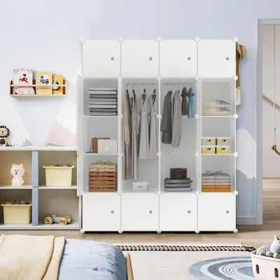Produktbild von YZNAHRE Kleiderschrank 145 cm Breit Garderobenschrank Steckregalsystem mit 20 Würfel DIY Kleiderschränke Kunststoffschrank mit Tür Regalsystem Schrank Standregal, Weiß