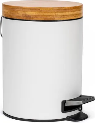Obrázok produktu pre Odpadkový koš 5 l, biely, s bambusovým vrchnákom, tiché zatváranie, do kúpeľne