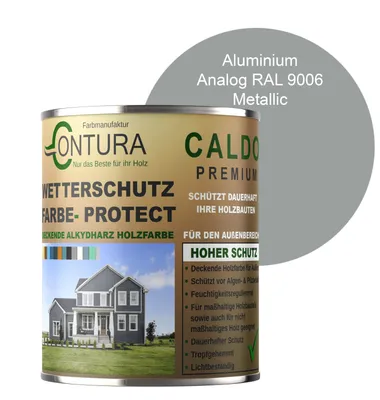 Produktbild von Contura 500ml Wetterschutzfarbe Holz Dauerschutzfarbe Deckend Buntlack Holzfarbe Holzlasur Seidenmatt - Aluminium - RAL 9006 Metallic