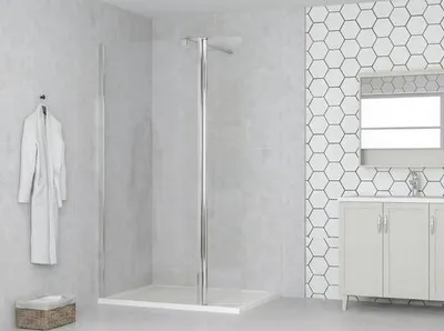 A modern bathroom with a shower enclosure.