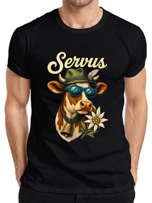 Obrázek produktu pro Servus Kuh Edelweiß, sluneční brýle, bavorské oblečení, kožené kalhoty, sukně Dirndl, pánské tričko, černá barva, velikost S