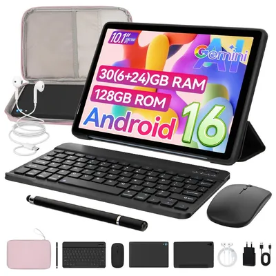 Produktbild von JENBIZZ Tablet 10'' Android 16, 30(6+24)GB RAM+128GB Speicher, Octa-Core, 6000mAh, WiFi 6, mit Tastatur, Hülle und Tasche rosa