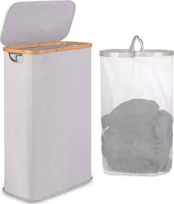 Obrázek produktu pro Koš na prádlo 60l Slim Design s víkem a bambusovými držadly - světle šedý