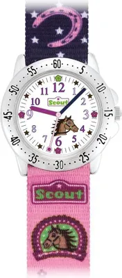 A close-up studio shot of a children's watch with a horse theme.