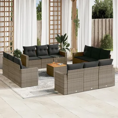 Produktbild von Design 13-tlg. Garten-Sofagarnitur mit Kissen Grau Poly Rattan, Gartenmöbel-Sets 2024 Neu