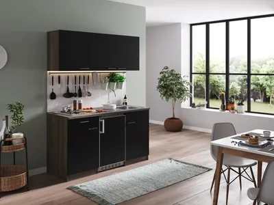 Produktbild von Küche Küchenzeile Singleküche Eiche York Schwarz Oliver 150 cm Respekta