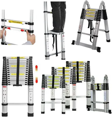Imagen del producto de Silecomplaza: Escalera multifuncional de 5 metros, escalera telescópica, escalera plegable de acero inoxidable, escalera de pie, multifuncional, extensible, plegable, carga máxima: 150 kg (2,5 m + 2,5 m)