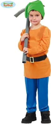 A young child wearing a dwarf costume and holding a pickaxe.