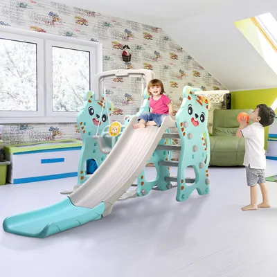 Produktbild von Baby Vivo Spielplatzschaukel / Spielgerüst mit Rutsche für Indoor Outdoor in Türkis / Grau