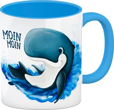 Produktbild von Moin Moin Kaffeebecher Henkel und Innenseite Hellblau mit Wal Motiv