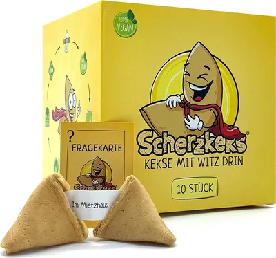 Produktbild von Scherzkeks® - eine Packung Heiterkeit, 10er Box Scherzkekse, 10 Kekse mit Flachwitze, Witz-Keks Vegan,  Germany, Geschenkidee, Vegane Geschenke Gastgeschenke Geburtstag Glückskekse Glückskeks