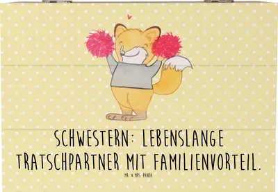 Produktbild von Mr. & Mrs. Panda Kiste Schwestern Tratschpartner 22 x 15 cm - Gelb Pastell - Geschenk, Familie, schmuckbox, Schwester, handgemacht, Familiengeschenk, fotobox, Spaß, Truhe