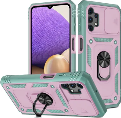 Produktbild von Galaxy A32 5G Hülle, Schiebe Kamera Schutz Robust Rüstung Stoßfest Schutzhülle mit Ringhalterung Ständer Kartenhalter für Samsung Galaxy A32 5G Lila
