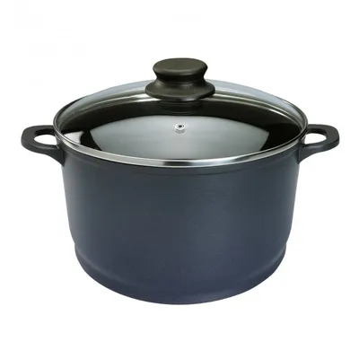 A studio shot of a dark gray pot with a glass lid and black handles, isolated on a white background.