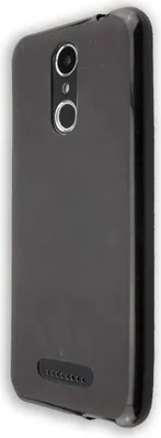 A black smartphone case is shown from a diagonal rear view against a white background.