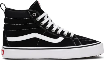 A black Vans Sk8-Hi MTE sneaker with white laces and a white stripe on the side, shown against a white background.