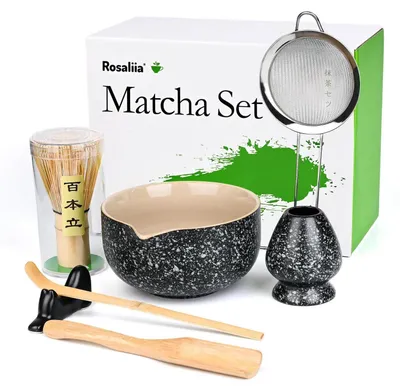 Productafbeelding van Matcha-set: keramische kom, bamboelepel, zeef, grove zwarte glazuur, 500 ml
